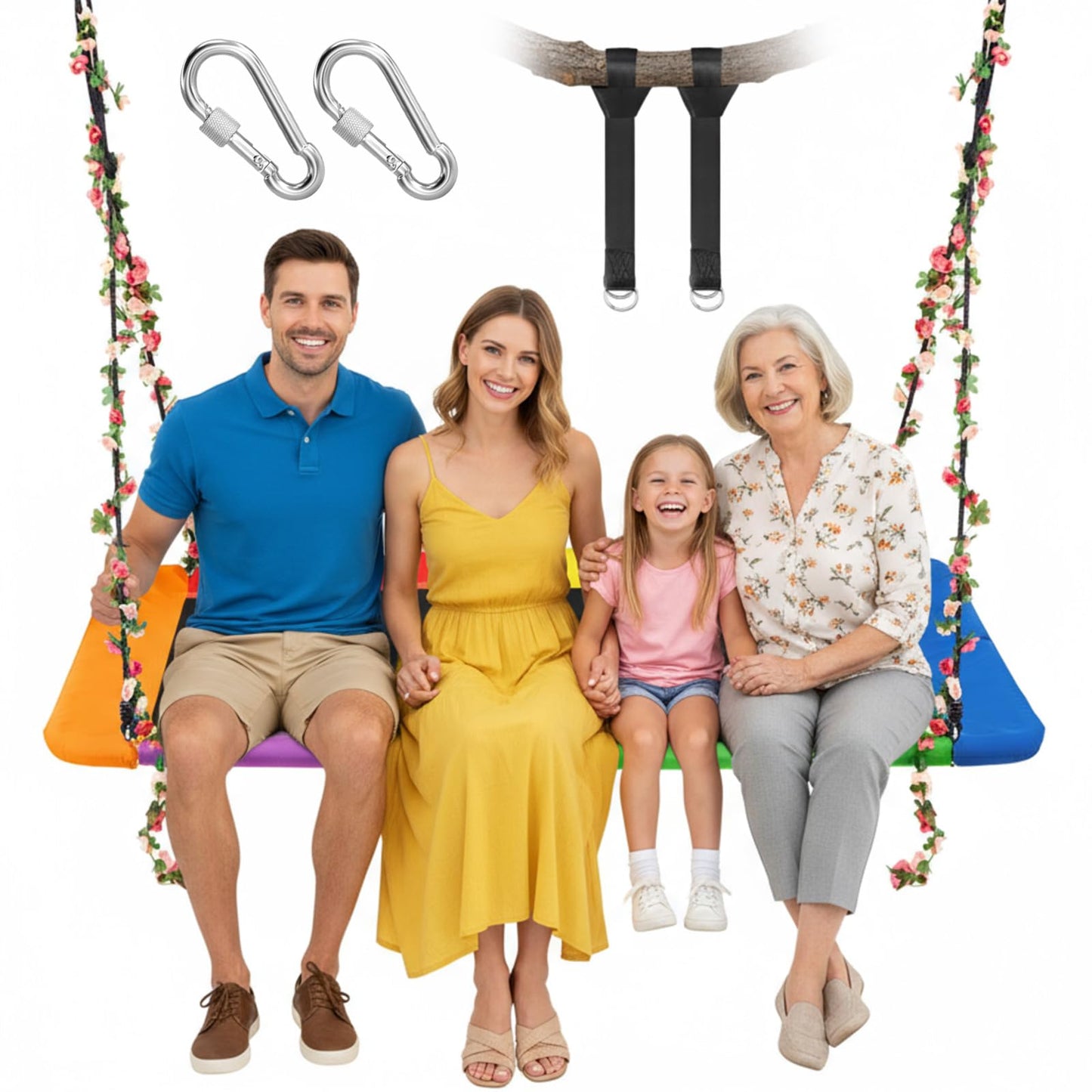 Arrowbash 70" x 40'' Extra Large Platform Tree Swing 800lbs Heavy Duty for Adults with 2 Artificial Flower Garland and Adjustable Straps Waterproof Rectangle Swing for Gift Outdoor Game