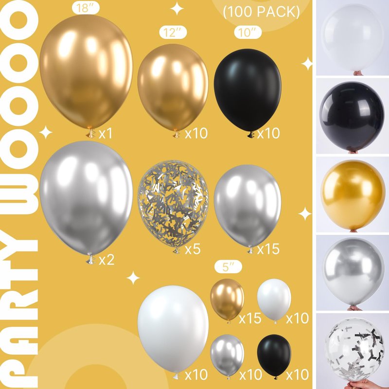 PartyWoo Black and Gold Balloon Garland, 100 pcs Balloons Different Sizes Pack of 18 Inch 12 Inch 10 Inch 5 Inch Gold Silver Black White Metallic Balloons for Birthday Decorations, Party Decorations