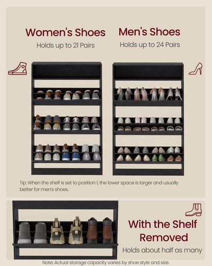 VASAGLE Custos Collection - Shoe Cabinet, Shoe Organizer, Open Compartment, Adjustable and Removable Dividers, 3 Flip Drawers, 9.4 x 31.5 x 54.5 Inches, for 21-24 Pairs, Ebony Black ULBC043BC01