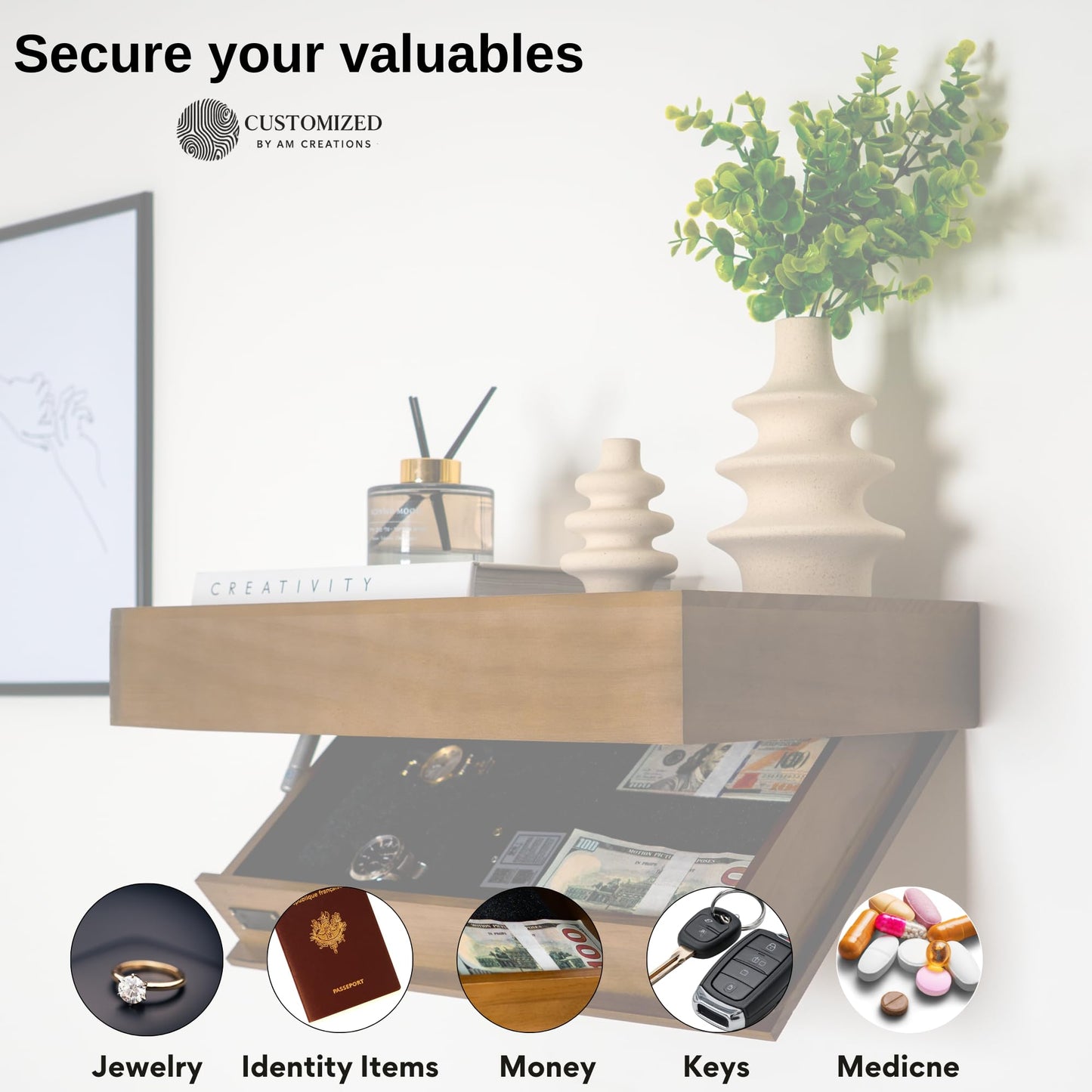 Concealment Shelf with RFID Lock - Concealed Gun Floating Shelf with Hidden Storage Compartment, Wooden Shelves for Wall Mount Display with Secret Drawer, Weapon Hiding Furniture Safe by AM Creations