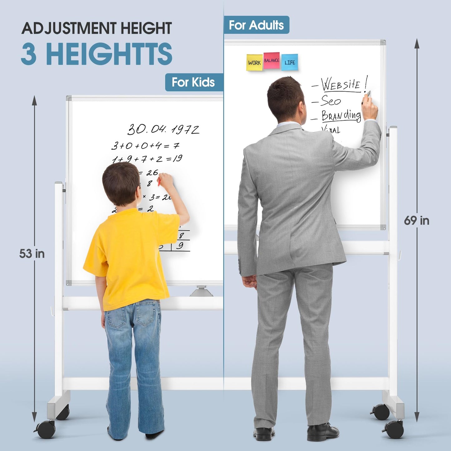 MaxGear Rolling Whiteboard, 48x32 Mobile White Board on Wheels, Double-Sided Magnetic Dry Erase Board with Stand, Adjustable Height Large Whiteboard for Home, School & Office, White