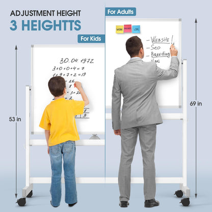 MaxGear Rolling Whiteboard, 48x32 Mobile White Board on Wheels, Double-Sided Magnetic Dry Erase Board with Stand, Adjustable Height Large Whiteboard for Home, School & Office, White