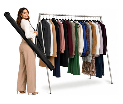 FOL-D-RAK Portable Clothing Rack, Folding Garment Rack with Carry Bag-no Assembly, lightweight 4 LB. Aluminum, 60 LB. Capacity-Travel, Closet, Retail, Trade Show, Dance Recital