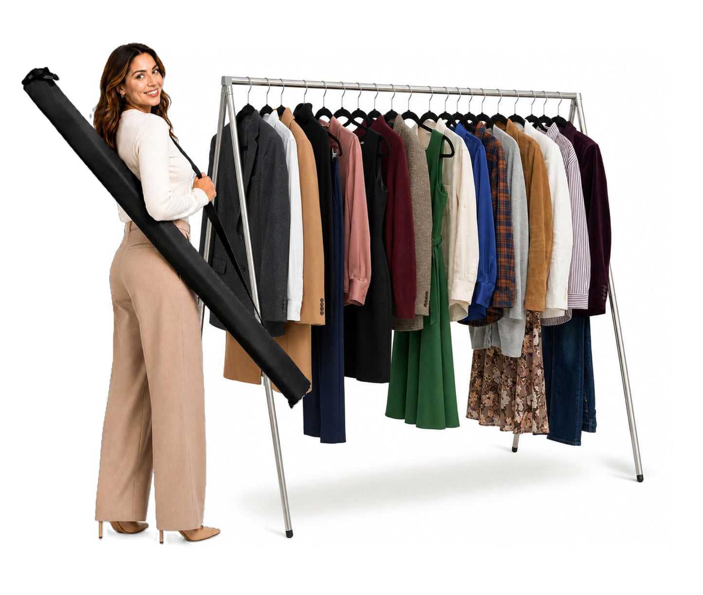 FOL-D-RAK Portable Clothing Rack, Folding Garment Rack with Carry Bag-no Assembly, lightweight 4 LB. Aluminum, 60 LB. Capacity-Travel, Closet, Retail, Trade Show, Dance Recital