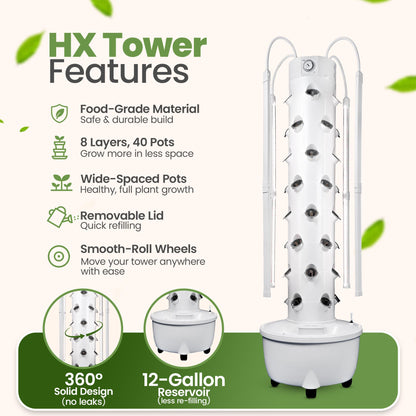 ALTO GARDEN HX Aeroponic Tower | High Capacity Tower | Hydroponics Growing System Kit | Food Grade with 40 Net Pots (with LED Grow Lights)