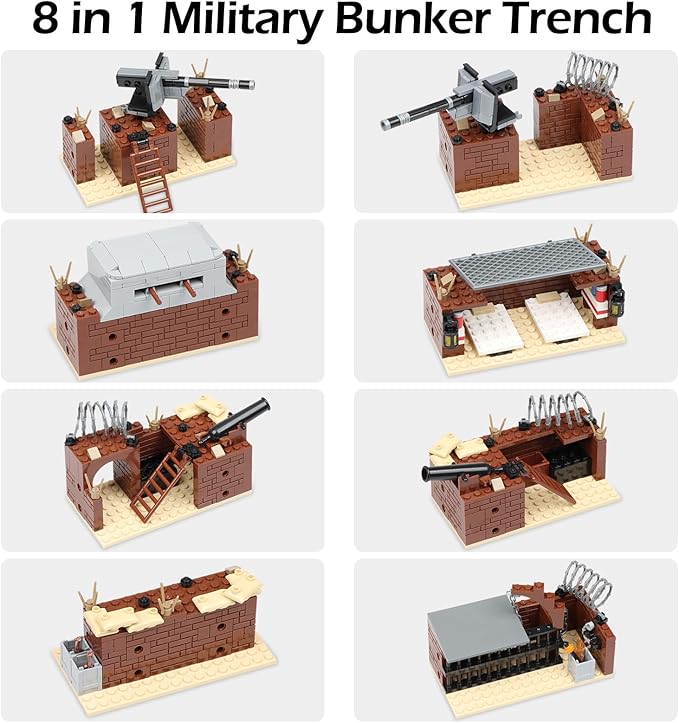 Finger Rock WW2 Military Base Bunker Trench Building Set 8 in 1 Army Battle Scenes with Fortresses Anti-Aircraft Guns Treatment Room and Penitentiary Idea Gifts for Teens Adults 14+ (833pcs)