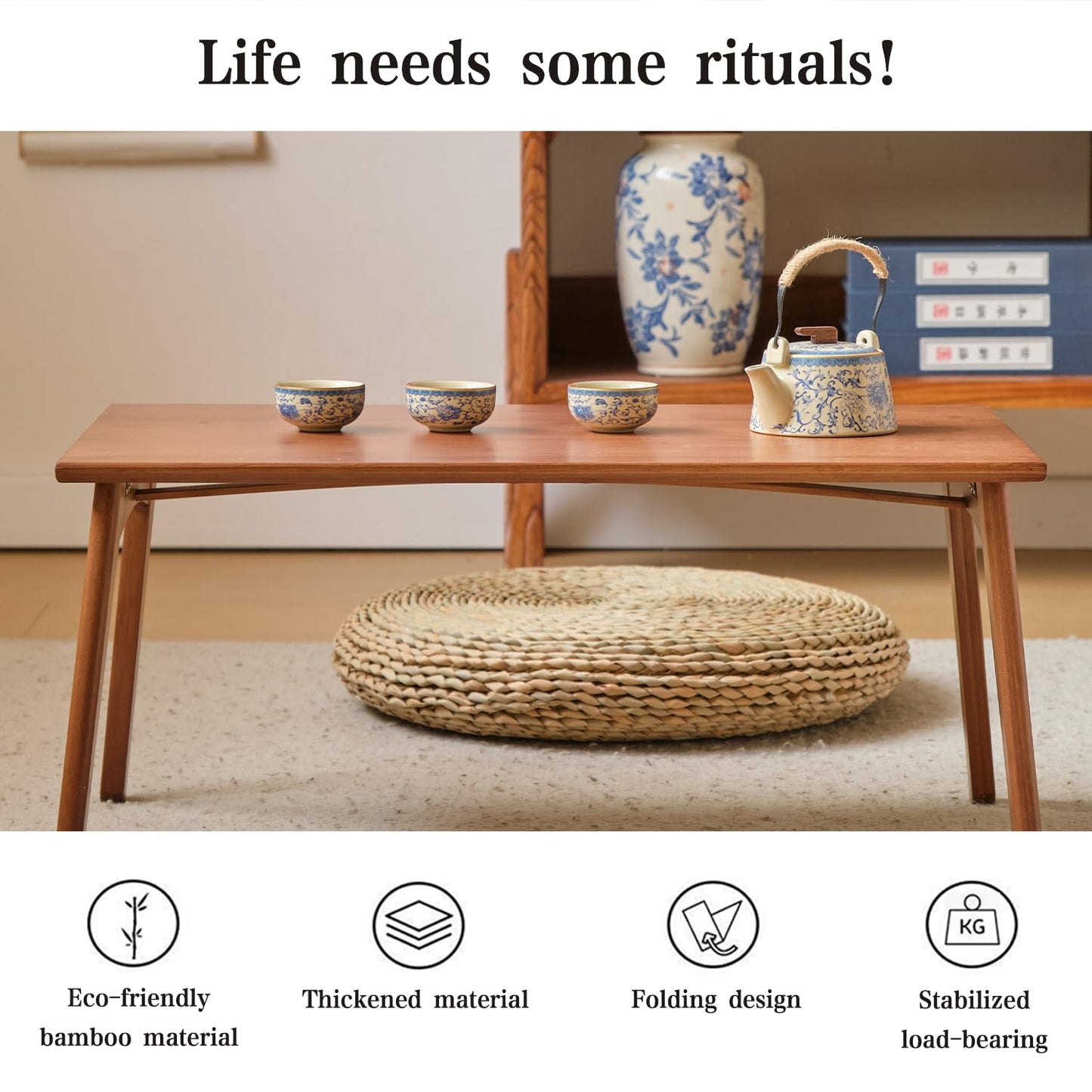 JIKUGO Bamboo Folding Coffee Table No Assembly Required Japanese Floor Table for Bedroom Living Room, Walnut, 26 x 15.8 x 11.8 Inches
