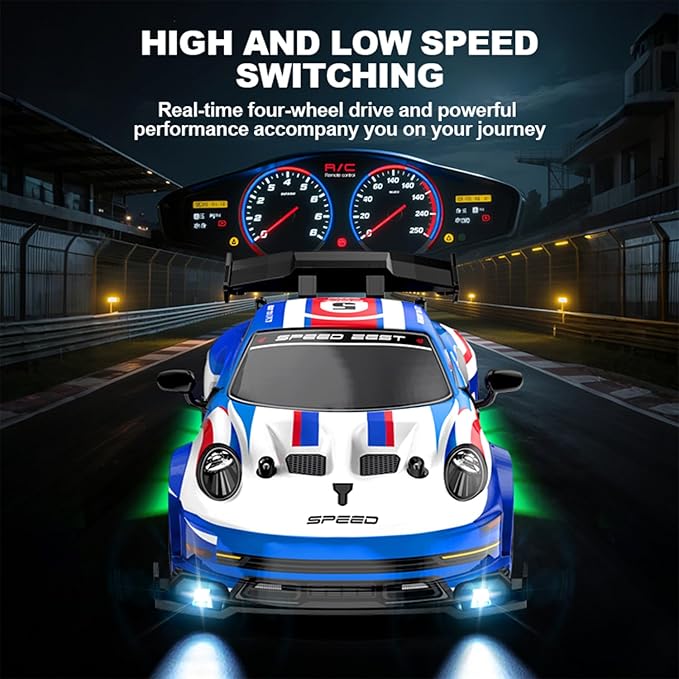1:24 Scale RC Drift Car 4WD 2.4GHz High Speed Racing Sport Toy Car with LED Lights Racing and Drift Wheels (E82-Black)