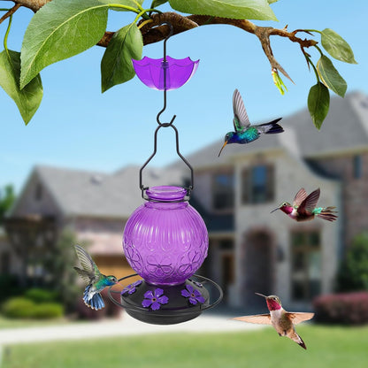 Skiennix Glass Hummingbird Feeder - 23oz Leak-Proof Outdoor Nectar Feeder with 5 Flower Ports | Purple Garden Decor Gift for Mom