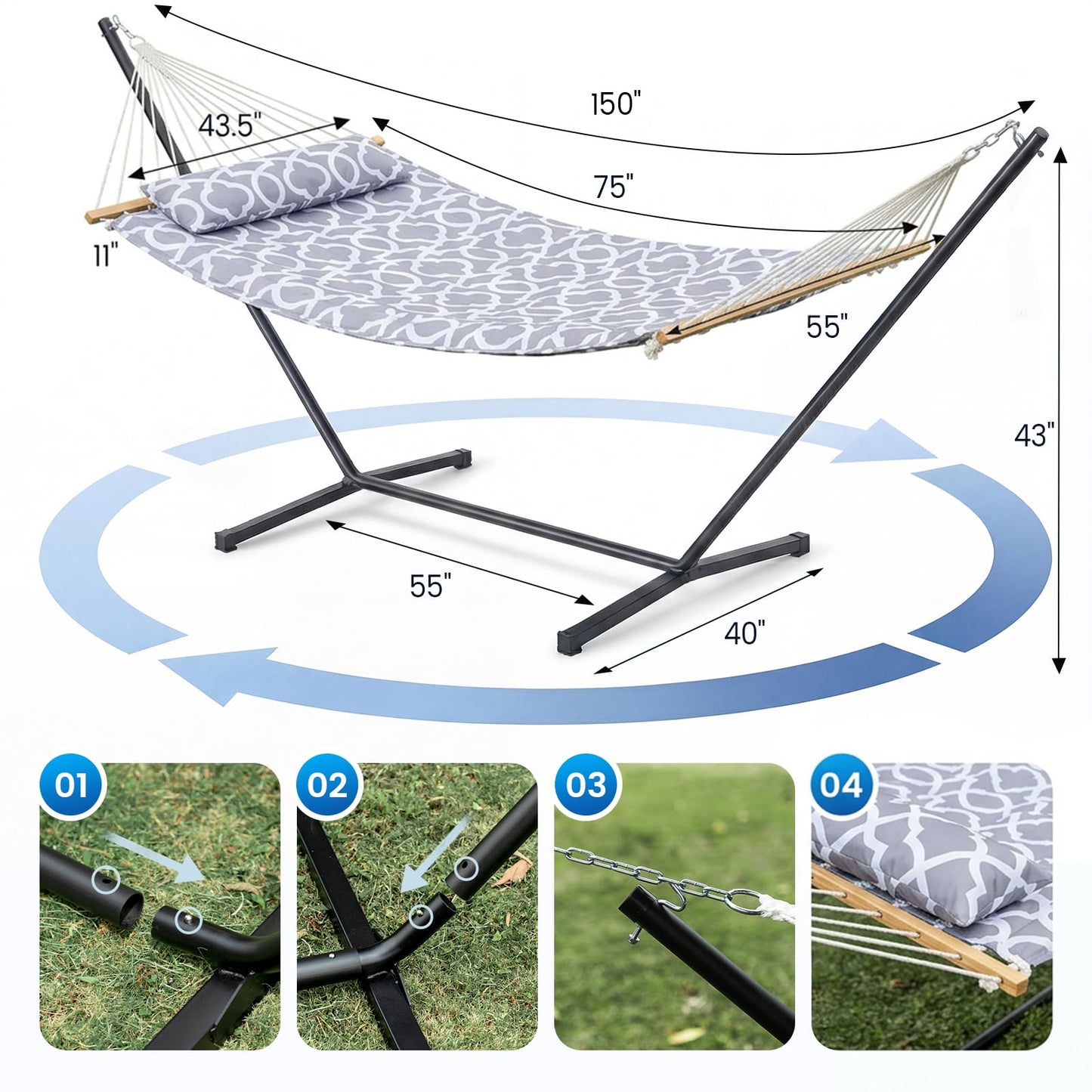 ANAGOO Double Hammock with Stand – Portable Cotton Rope Hammock with Removable Quilted Pad & Pillow, Adjustable Steel Frame for Patio, Backyard, Garden, Park, Camping & Outdoor Relaxation – White Gray