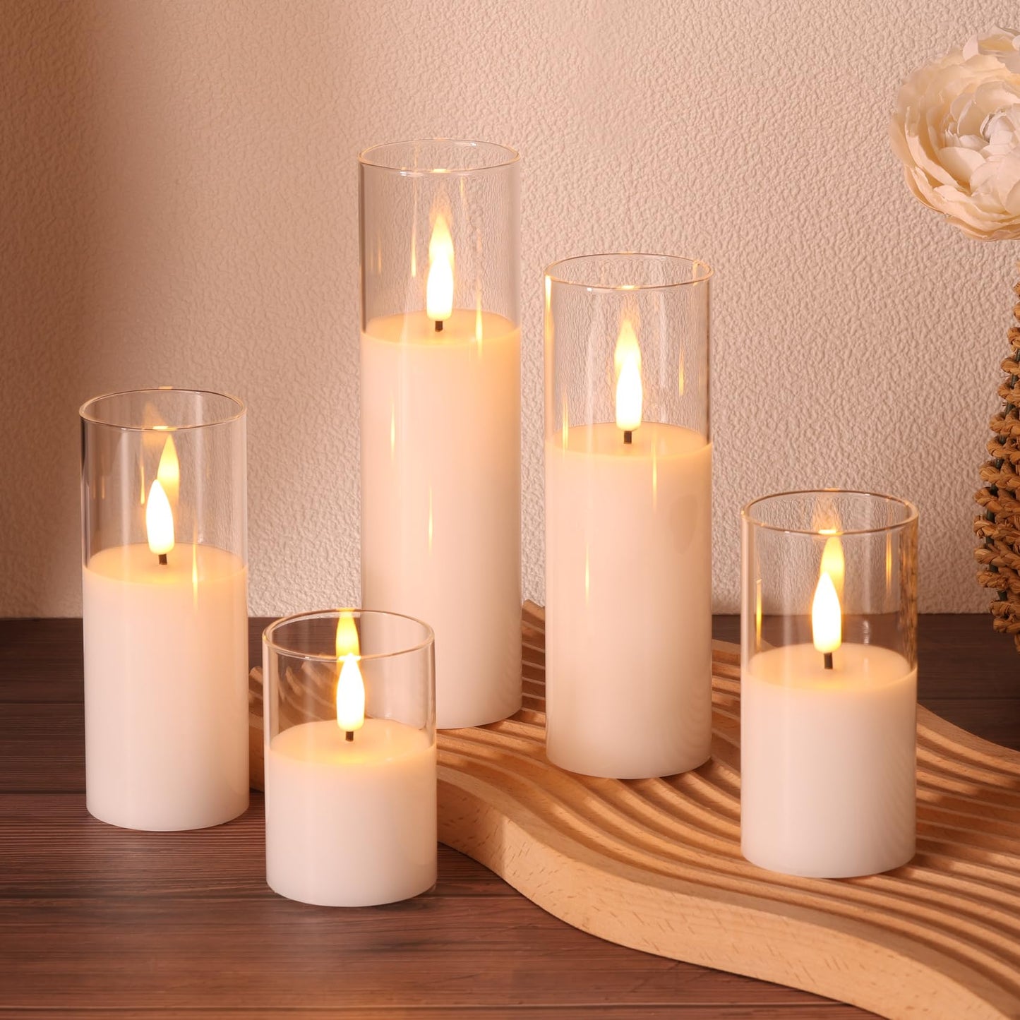 Girimax Clear Glass Flameless Candles with Remote Batteries, Flickering Slim LED Pillar Candles Set of 5