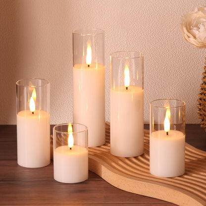 Girimax Clear Glass Flameless Candles with Remote Batteries, Flickering Slim LED Pillar Candles Set of 5