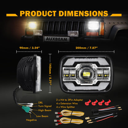 Auxbeam 5x7 7x6 LED Headlights with DRL & Turn Signal High/Low Beam DOT Approved H6054 Led Rectangular Headlight for Jeep Wrangler YJ Cherokee XJ H6054 H5054 H6054LL 69822 6052 6053