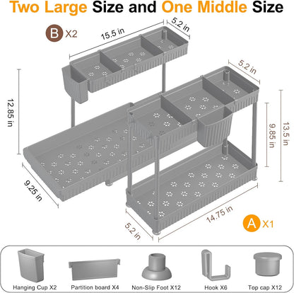 Sevenblue Multi-Purpose Under Sink Organizer - L-Shaped Pull-Out Cabinet Storage for Bathroom & Kitchen (Grey, 12.85 Inch)