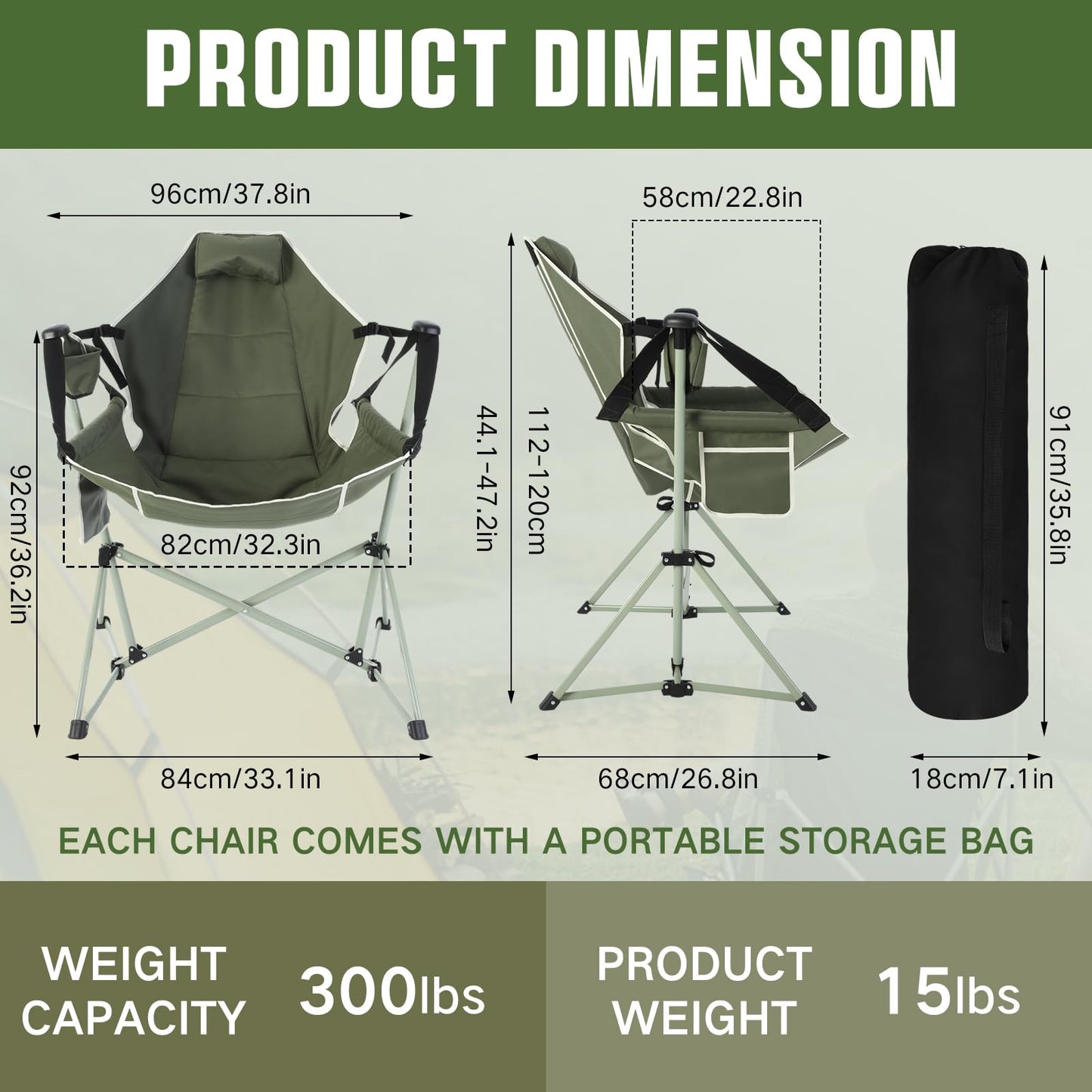Reallnaive 2 Pcs Hammock Camping Chair with Adjustable Backrest, Heavy Duty Folding Swinging Chair Supports 300lbs, Portable for Camping, Travelling and Patio Green