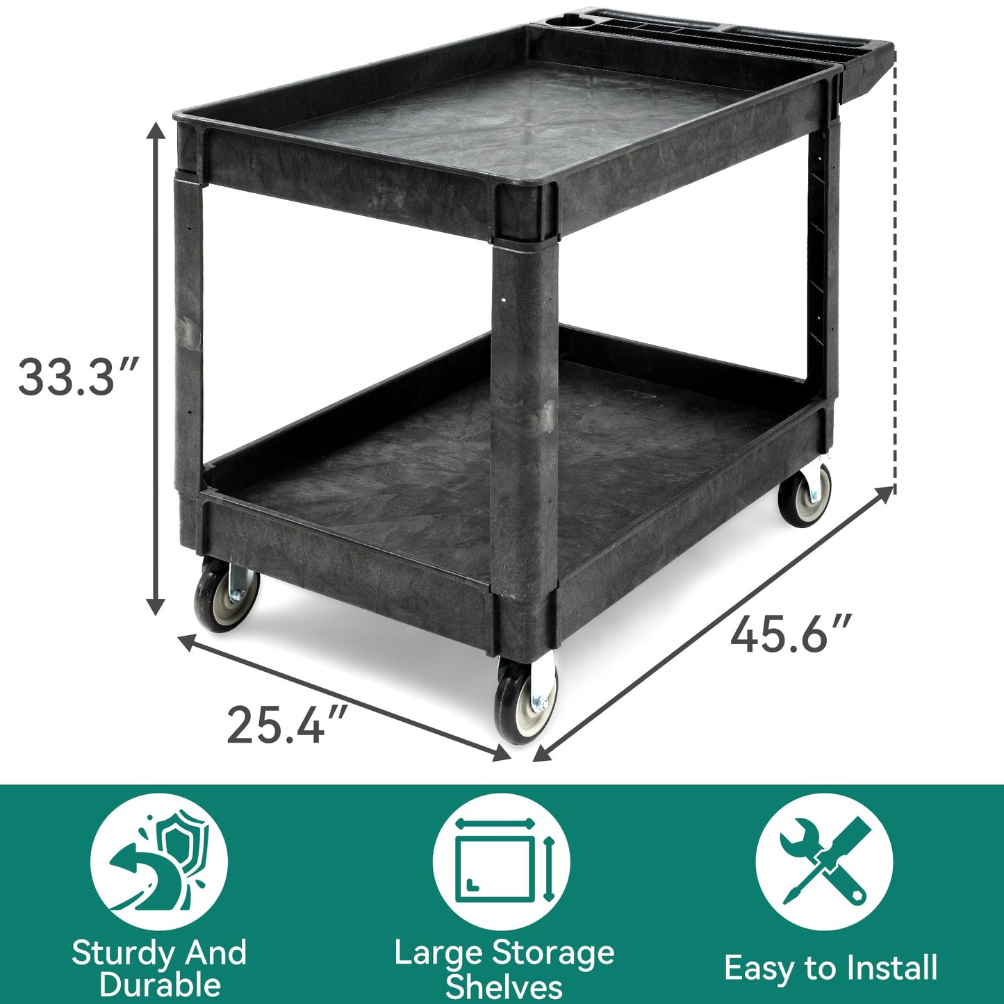 YITAHOME 2 Tier Heavy Duty Plastic Utility Cart 45 x 25 Inch, Rolling Work Cart w/Deep Shelves & 360° Swivel Wheels(2 Brake), Plastic Tool Cart Suitable for Warehouse, Garage, Office, Cleaning, Black