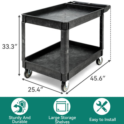 YITAHOME 2 Tier Heavy Duty Plastic Utility Cart 45 x 25 Inch, Rolling Work Cart w/Deep Shelves & 360° Swivel Wheels(2 Brake), Plastic Tool Cart Suitable for Warehouse, Garage, Office, Cleaning, Black