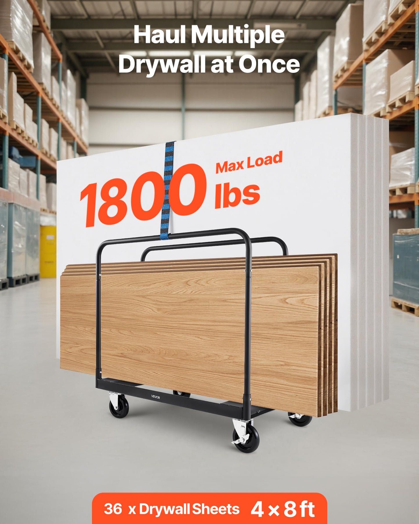 VEVOR Folding Table Cart, Heavy Duty Table Dolly 1800 lbs, Steel Panel Truck Cart with 5 inch Swivel Casters, Lumber Drywall Dolly with Straps for Party Events, Hotel, Factory, Warehouse