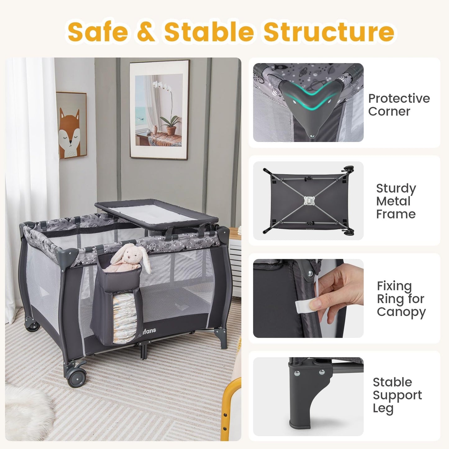 INFANS 4 in 1 Pack and Play, Portable Travel Baby Playard with Bassinet, Changing Table, Canopy, Mosquito Net, Hanging Toys, Music Box, Storage Bag, Large Playpen from Newborn to Toddlers (Grey)