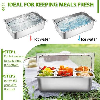 Ziliny Countertop Food Serving Display Container and Clear Roll Top Cover Stainless Steel Food Serving Tray Buffet Condiment Dispenser Display Rack for Restaurant Hotel Kitchen Party (8 Pan)