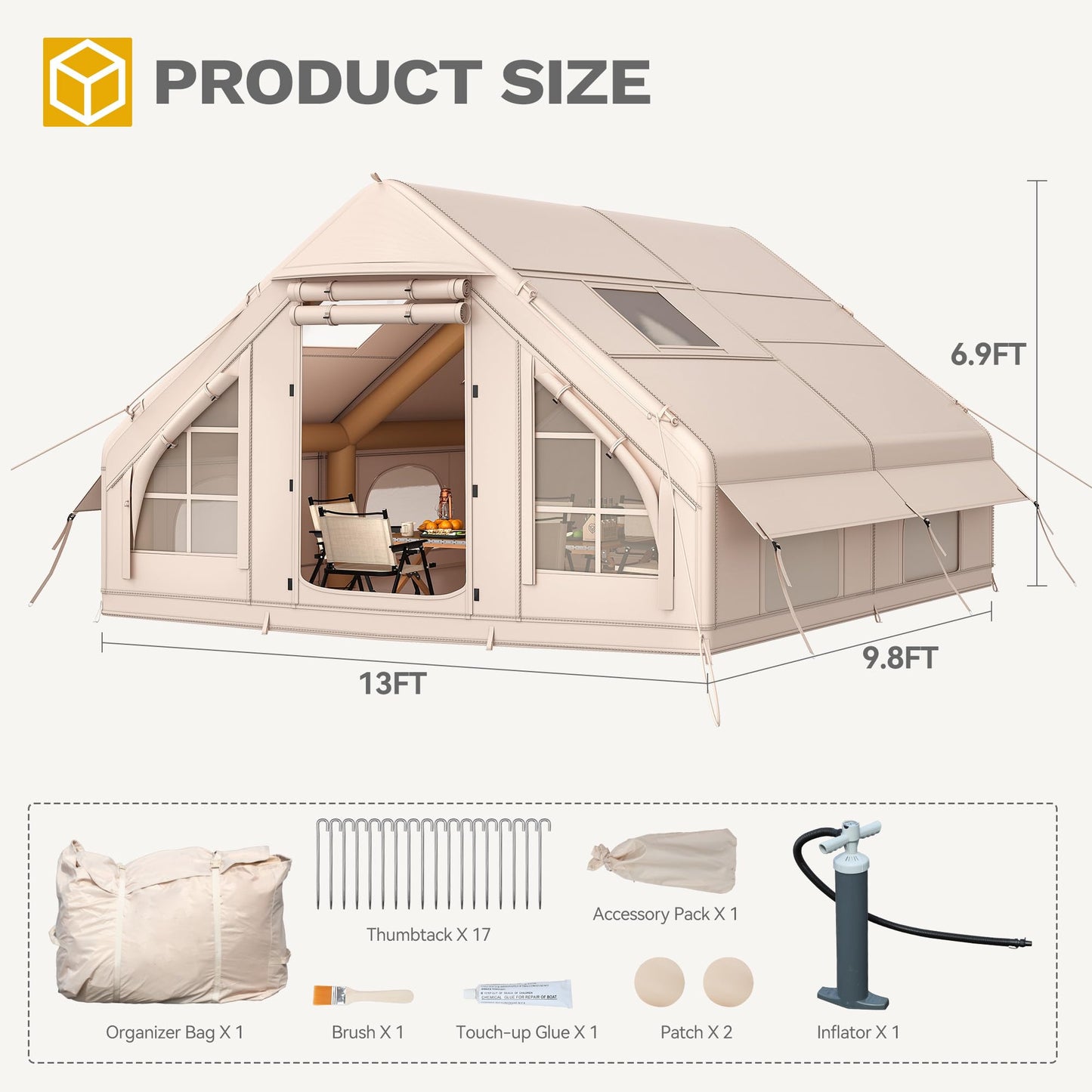 DWVO 13FT X 10FT Inflatable Camping Tents, 6-8 People Inflatable House Tents with Pump, Easy Setup with Explosion Proof Valve, Waterproof Oxford Air Glamping for Camping