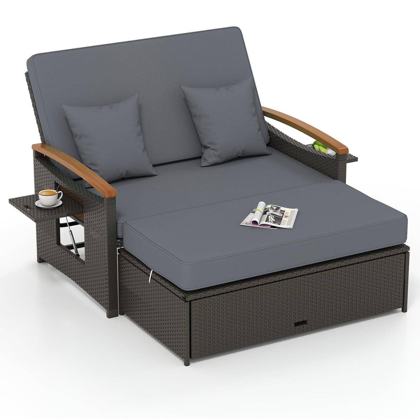 Tangkula Patio Rattan Daybed with 4-Level Adjustable Backrest, Outdoor Wicker Loveseat with Acacia Wood Armrest, Storage Ottoman & Folding Tray, Double Sunbed for Lawn Yard & Poolside, Grey & Brown