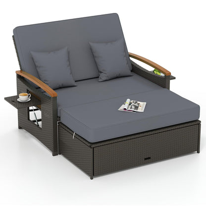 Tangkula Patio Rattan Daybed with 4-Level Adjustable Backrest, Outdoor Wicker Loveseat with Acacia Wood Armrest, Storage Ottoman & Folding Tray, Double Sunbed for Lawn Yard & Poolside, Grey & Brown