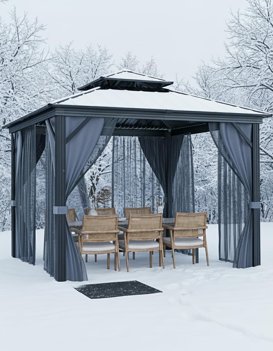 IDEALHOUSE 10x10Ft Hardtop Gazebo - Aluminum Frame Permanent Pavilion with Double Roof, Mosquito Netting & Privacy Curtains for Patio, Garden, Deck & Backyard Parties