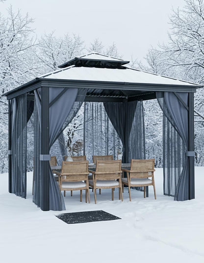 IDEALHOUSE 10x10Ft Hardtop Gazebo - Aluminum Frame Permanent Pavilion with Double Roof, Mosquito Netting & Privacy Curtains for Patio, Garden, Deck & Backyard Parties