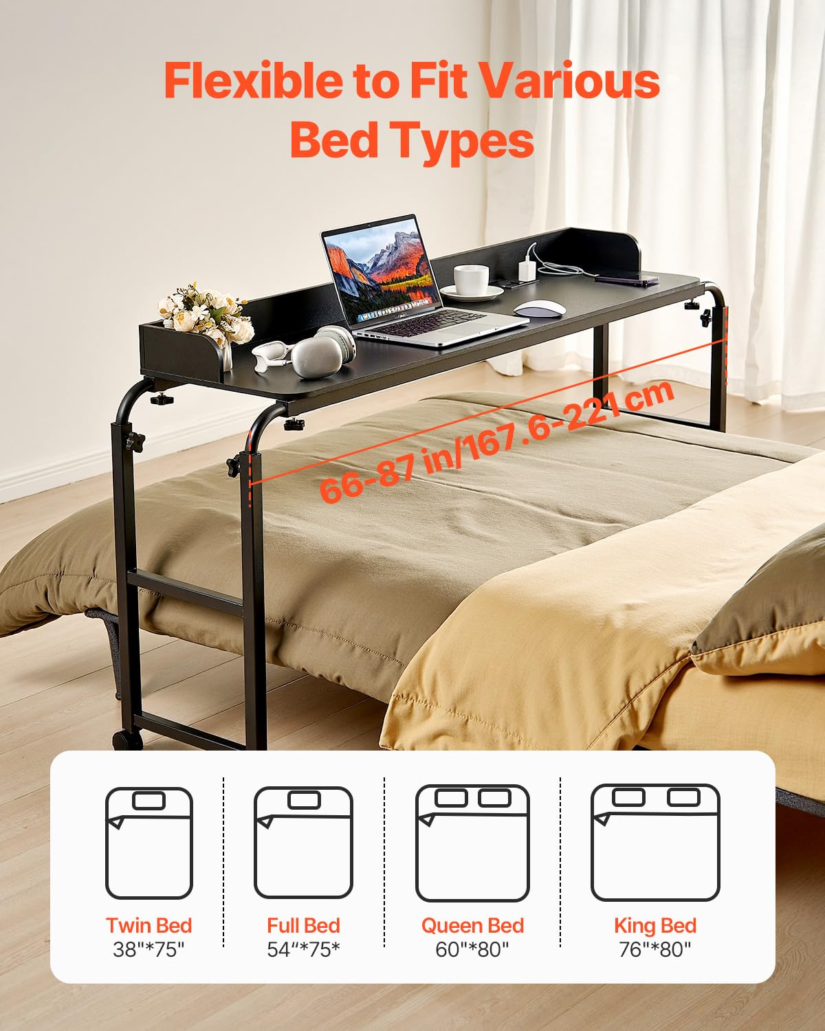 VEVOR Overbed Table, Mobile Bed Side Table with 4 Wheels (2 with Brakes) and Power Socket, Height Adjustable Rolling Laptop Desk, Portable Particleboard Over Bed Desk for Home, Office, Study, Black
