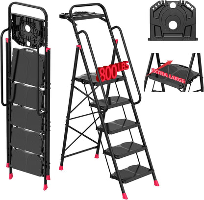 5 Step Foldable Step Ladder Stool with Roomy Tool Tray and Secure Handrail, Foldable Platform Ladder 5 Step Folding Stepstools with Wide Pedals and 800lbs Weight Capacity for Adults, Home, Kitchen