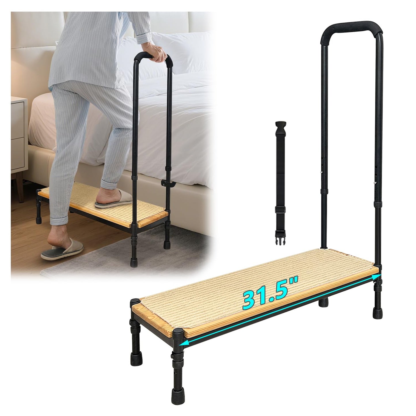 Bed Step Stool with Adjustable Handle for Elderly, Medical Step Stool for Bedside for Adults, 31.5" Long Safety Step Platform, Bed Stool for High Beds, Heavy Duty SUV Stepping Stool with Anti-Slip Mat
