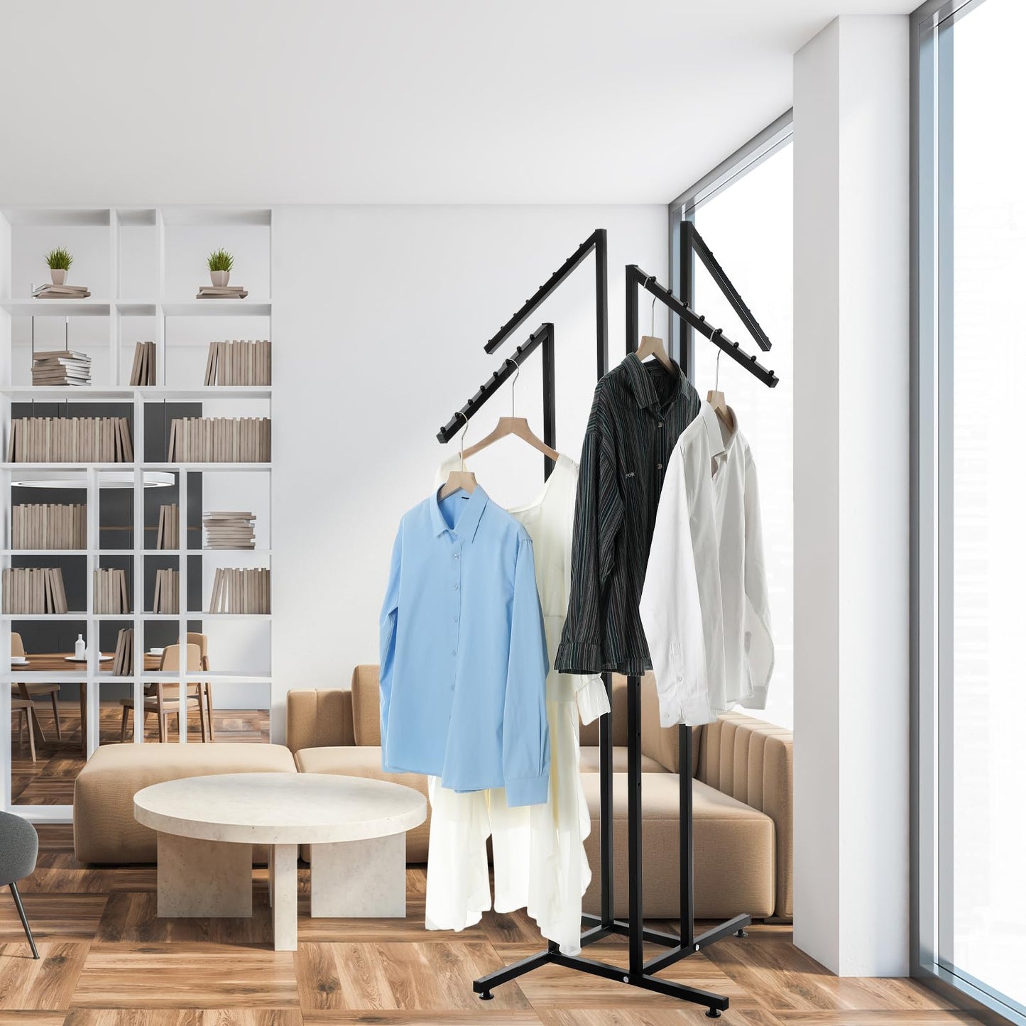 Barydat 4 Way Clothing Rack Heavy Duty Retail Clothing Display Rack with 18 Inch Slanted Arms Square Tubing 48-72 Inch Adjustable Clothes for Boutique Garment Shirt Hanger, 32 x 32 Inch