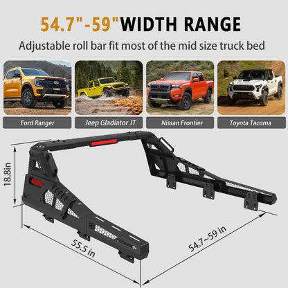 Roll Bar for Truck - Universal Truck Rack & Chase Rack with Third Brake Light Combo, Adjustable Truck Bed Roll Bar for Mid Size Pickup Trucks, No Drilling