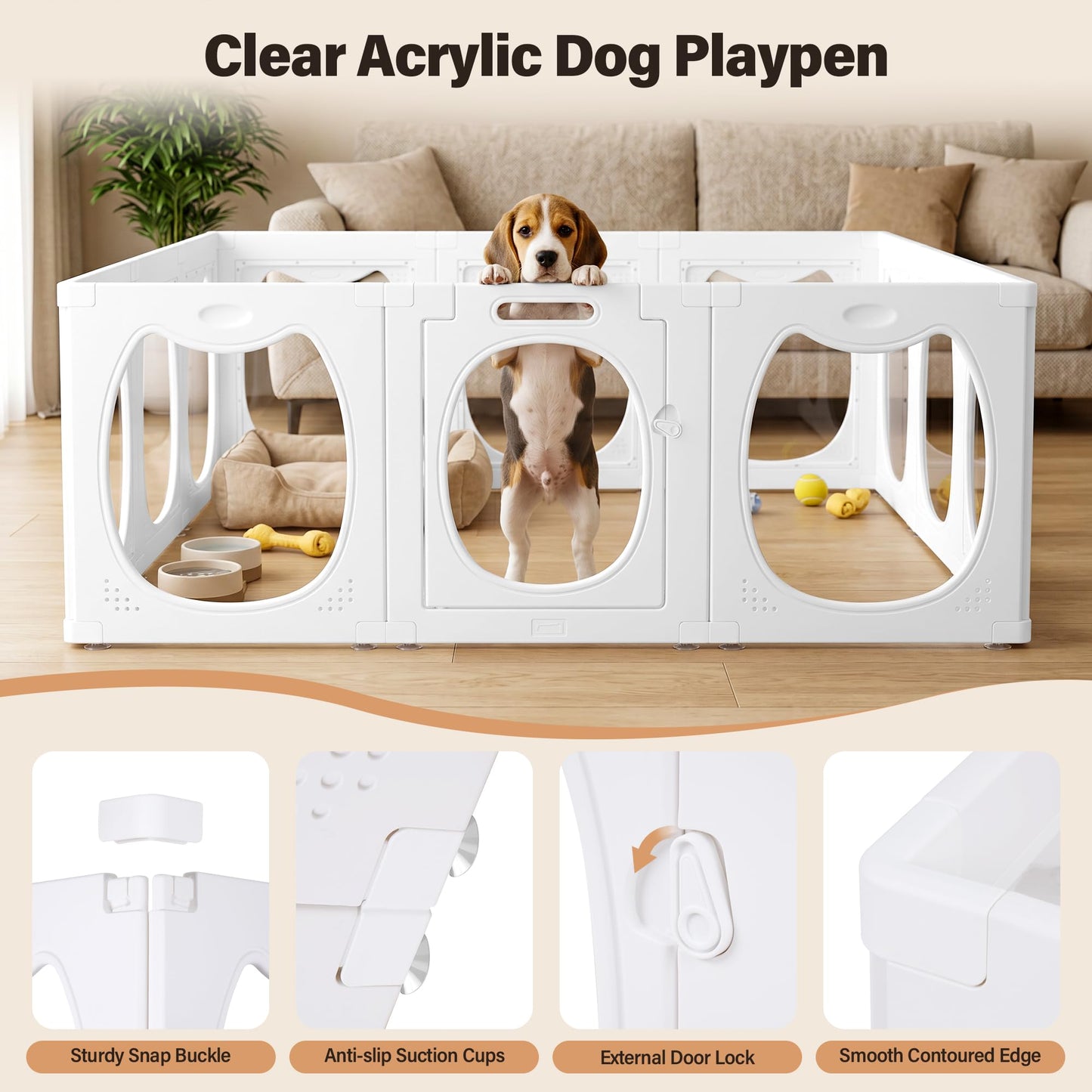 Homgava Clear PET Dog Playpen Indoor, 12-Panel Heavy-Duty Transparent Puppy Playpen, Modular Pet Fence Enclosure for Small Medium Dogs, Easy to Assemble (White, 24 Inch H, 12 Panels)
