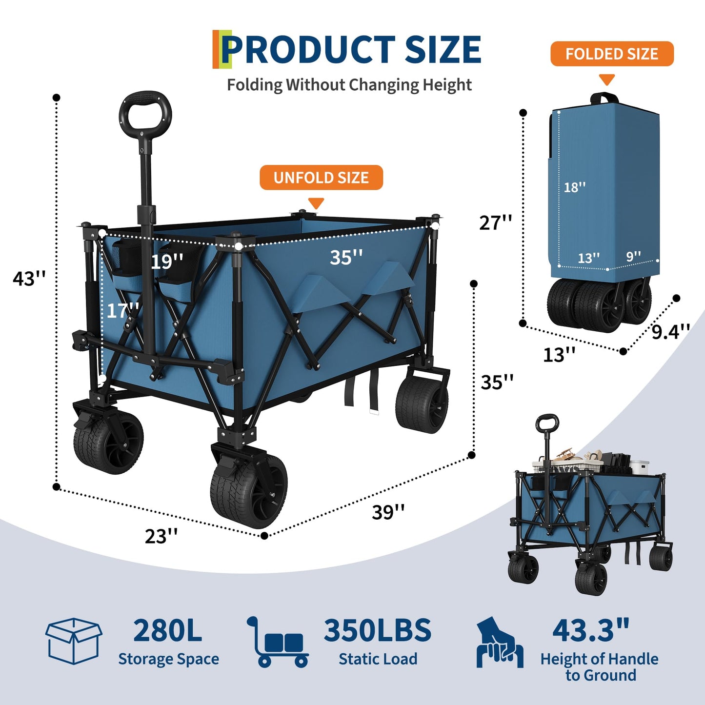 Collapsible Wagons Carts with Wheels, 350 LB Capacity & 280 L, Foldable Portable Camping Wagon with Flexible Handle & Cup Holders, Heavy Duty Grocery Cart for Beach Shopping Garden, Blue