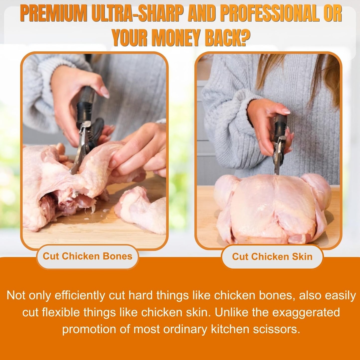 Poultry Shears, Kitchen Shears Heavy Duty for Food With Anti-Slip Handle & Safety Lock, Meat Scissors, Chicken, Lobster, Quail, Fish, Food Cutting Scissors, Bone Cutter - Spring Loaded