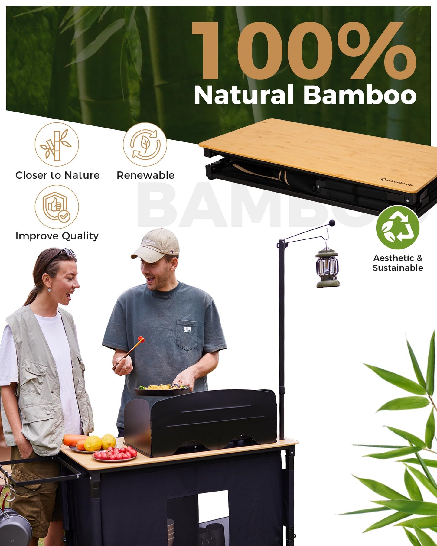 KingCamp Bamboo Camp Kitchen Table, Folding Overland Camping Table with Windscreen & Lantern Pole, Portable Outdoor Cooking Organizer with Storage Cabinets for RV Trip, Tailgating, BBQ, Picnic
