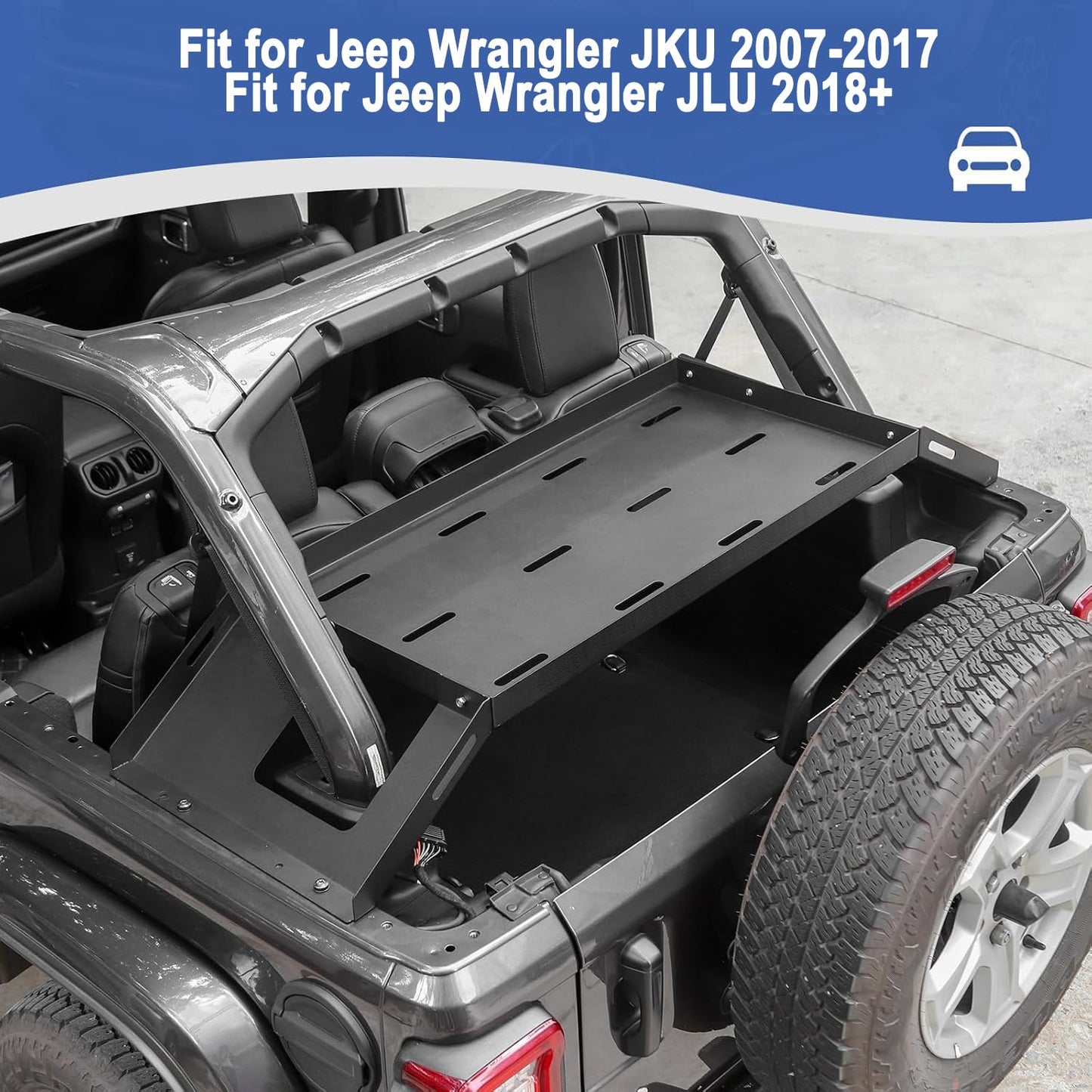 RT-TCZ Rear Trunk Cargo Rack Basket for Jeep Wrangler JKU (2007-2017) & JLU (2018+), 4 Door Interior Storage Shelf, Black Aluminum Alloy & Stainless Steel, 1PC Integrated Pallet