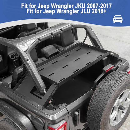 RT-TCZ Rear Trunk Cargo Rack Basket for Jeep Wrangler JKU (2007-2017) & JLU (2018+), 4 Door Interior Storage Shelf, Black Aluminum Alloy & Stainless Steel, 1PC Integrated Pallet