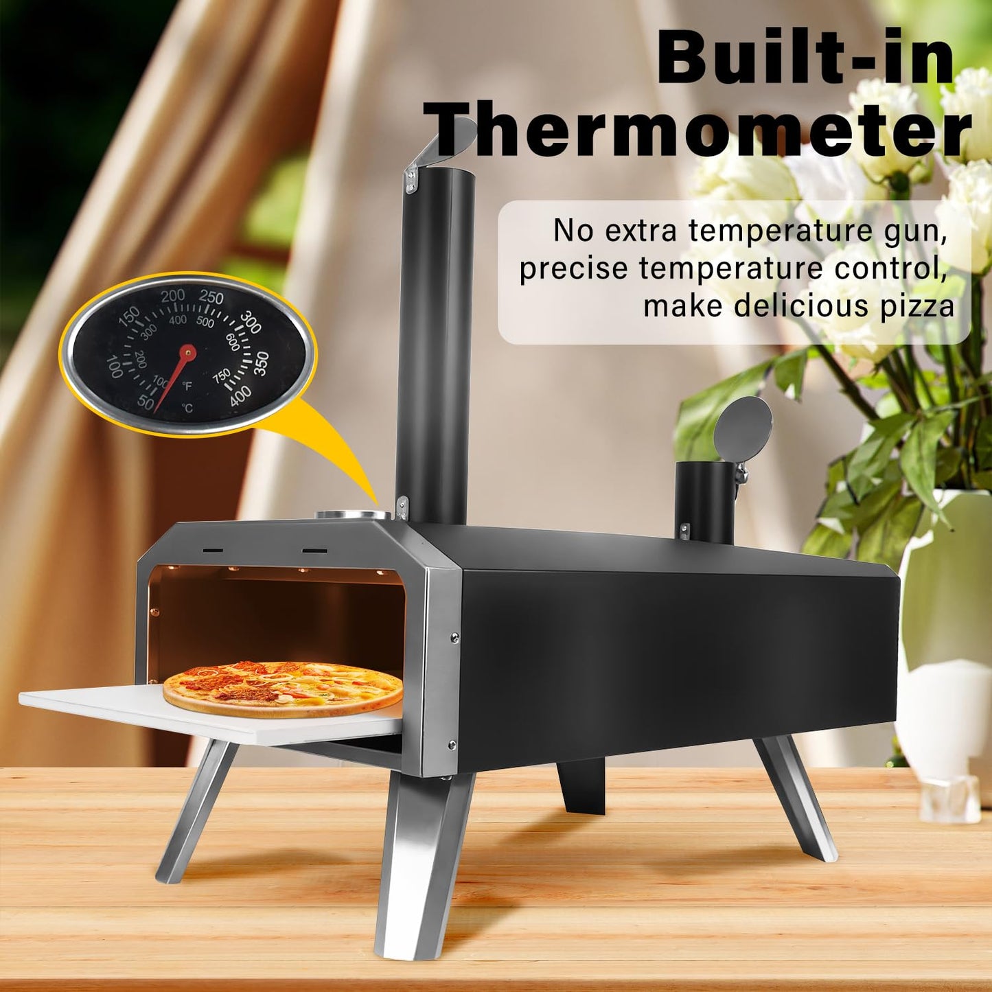 BNDHKR Outdoor Pizza Oven Portable Wood Pellet Pizza Oven Countertop Pizza Oven with 12 Inch Pizza Stone and Stainless Steel Fold-Up Legs for Outside Kitchen Backyard Party Camping