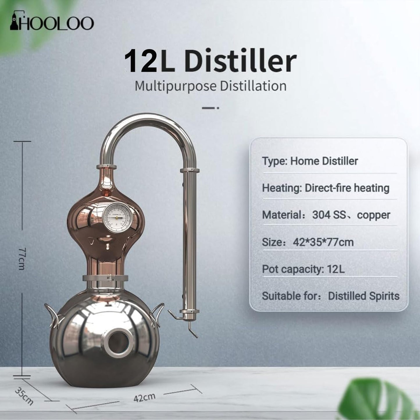 HOOLOO D15 Distiller Still for Home Use Kit 304 Stainless Steel Making Kit with Thermometer Hydrosol Essential Oil Alcohol Brandy Vodka 4Gal (D15-12Liters/3Gal -Direct fire Heating)