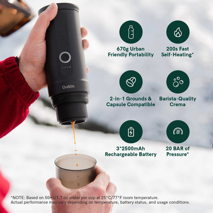 OutIn Nano Portable Electric Espresso Machine, Travel Coffee Maker for Camping, Car Coffee Maker Self-Heating with USB-C, With Ground Coffee & NS Capsule for RV, Hiking, Office