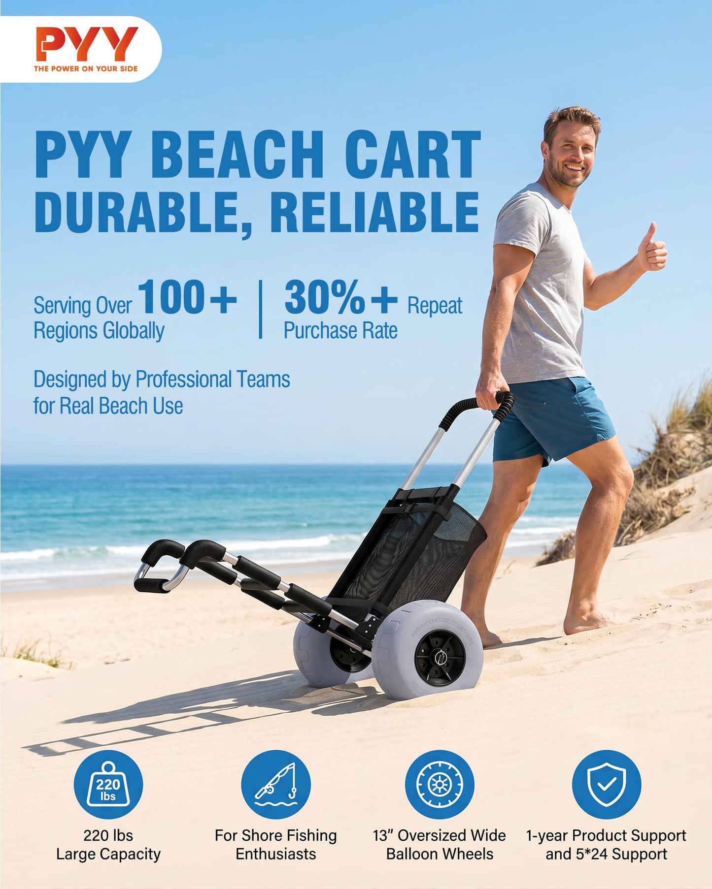 PYY Beach Fishing Cart - 220LBS Foldable Aluminum Beach Wagon Trolley with 13" Balloon Wheels, 23" x 15" Cargo Deck, Fishing Rod Holders, 30" to 40" Adjustable Handle, Heavy Duty Cart for Beach