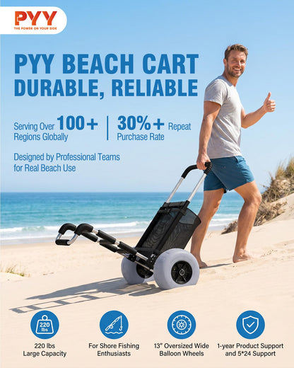 PYY Beach Fishing Cart - 220LBS Foldable Aluminum Beach Wagon Trolley with 13" Balloon Wheels, 23" x 15" Cargo Deck, Fishing Rod Holders, 30" to 40" Adjustable Handle, Heavy Duty Cart for Beach