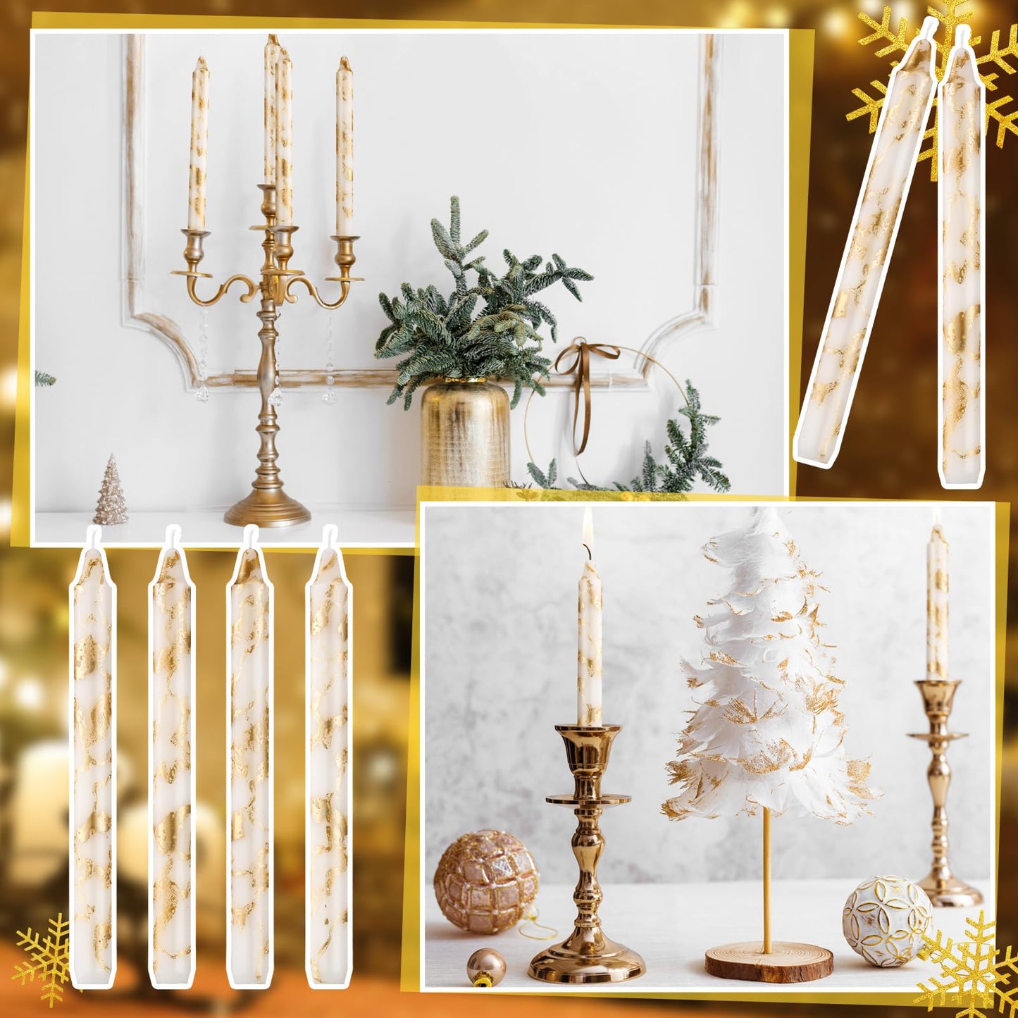 Conelist 6 Pcs White Gold Decorative Taper Candles 10 Inch Unscented Smokeless Handmade Long Burning Tall Taper Candles for Wedding Home Dinner Birthday Holiday Party Decoration
