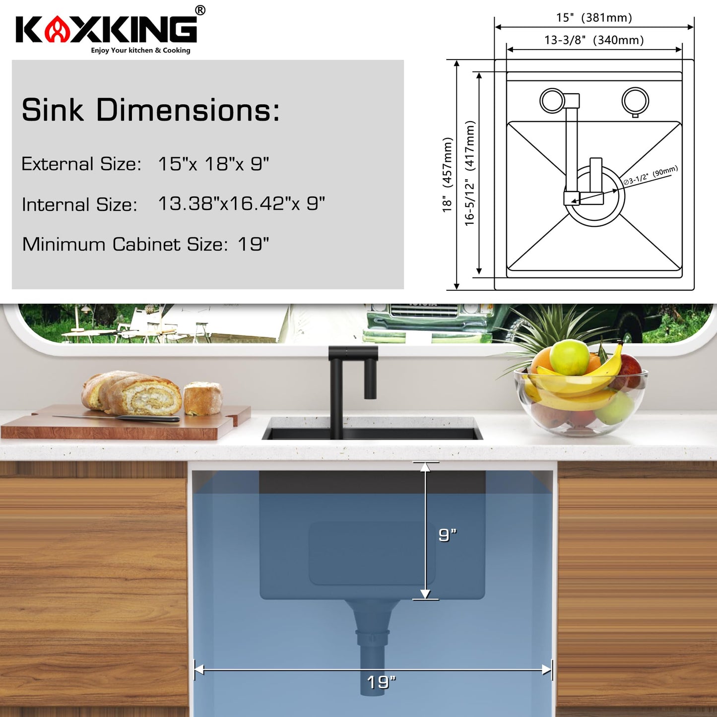 KOXKING Outdoor Kitchen Sink 15x18 Inch with Foldable Faucet, Nano Black 16 Gauge Stainless Steel RV Camper Bar Prep Workstation Sink with Cutting Board Cover, Bottom Grid & Drain Kit