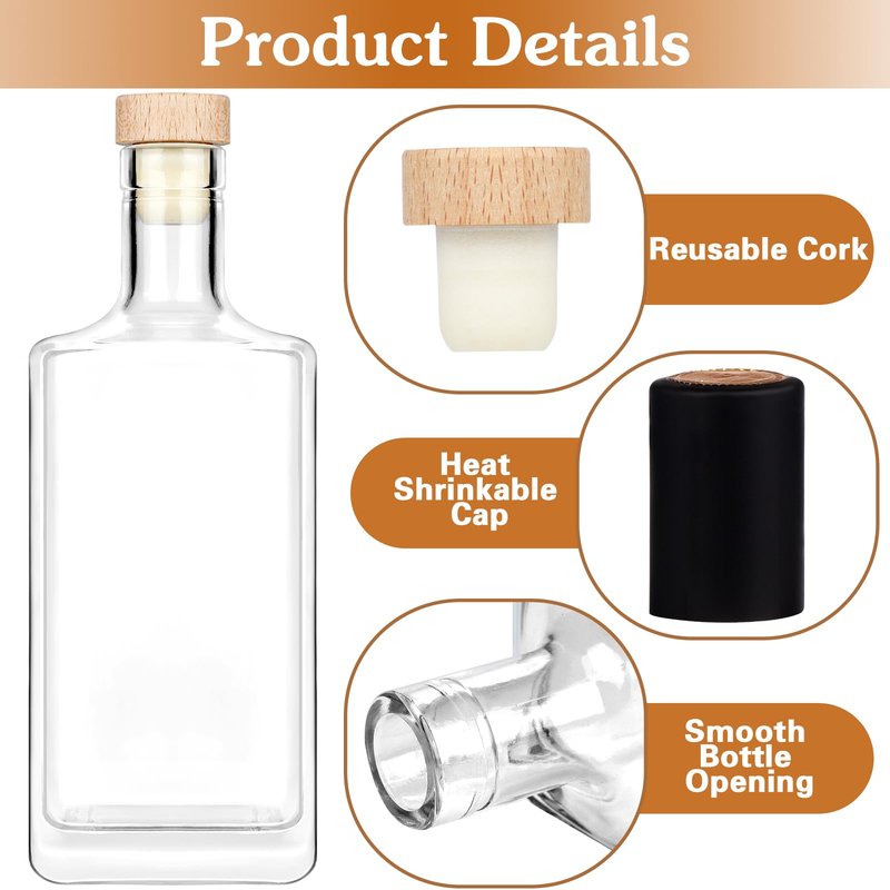 Liengoron 6Pack 8 oz Glass Bottles with Lid 250 ml Clear Empty Bottles with Cork Square Glass Bottle with Cap for Liquor Vodka Brandy Whiskey Beer Water Soda