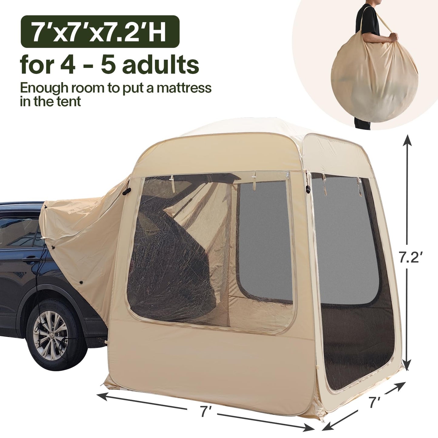 EighteenTek SUV Tent Attachment for Camping with Mesh Walls and PVC - 5 Person Car Cabana - All Weather Proof Pod Shelter Pop Up Clear View Tailgate Tent for Car SUV Van, 7’X7’X7.2’H