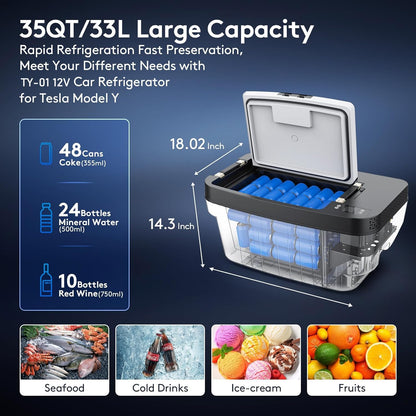 Car Refrigerator for Tesla Model Y 2017-2024, 2025-2026 Juniper, 12V Car Fridge for Model Y Trunk, 35qt (33L) Portable Freezer Cooler, -8°F to 50°F, 12/24V DC. Great for Camping, Road Trips & Home Use